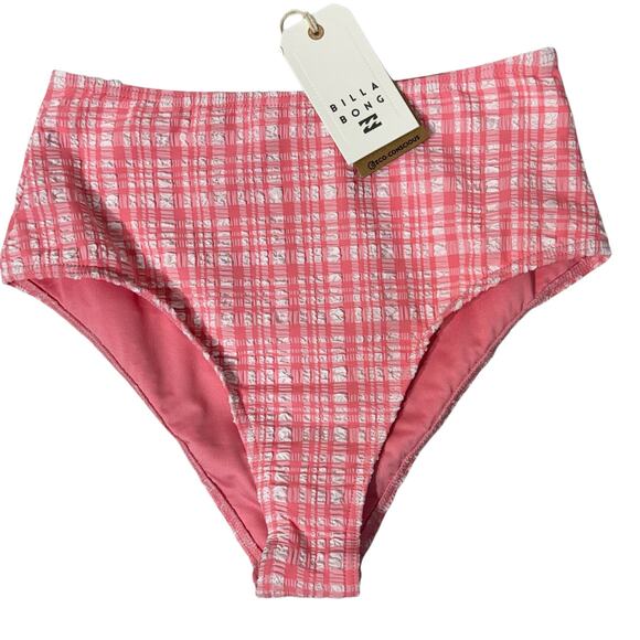 Billabong Small (8) Hi Retro Swim Bottoms High Waisted Lined Plaid Pink Tide New - Picture 1 of 8